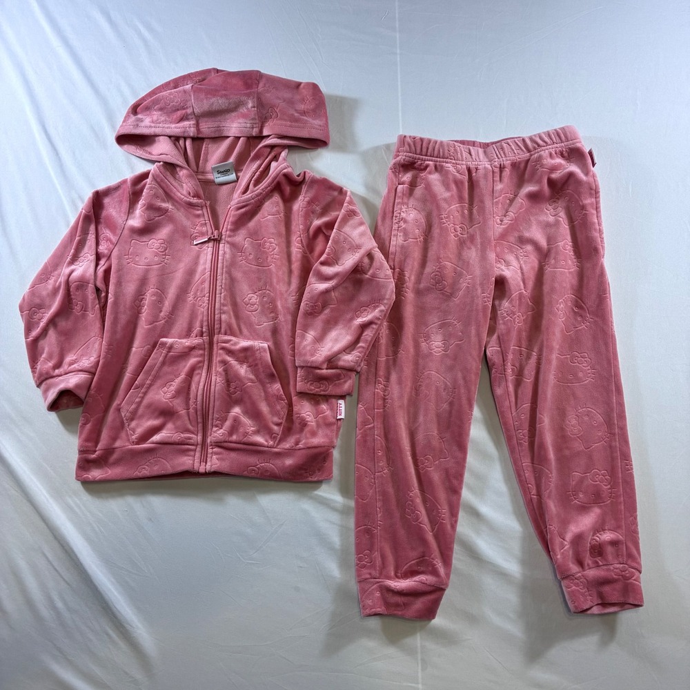 Hello Kitty Sanrio Pink Velour Track Suit Hoodie & Pants Set Kids 5-6Yrs